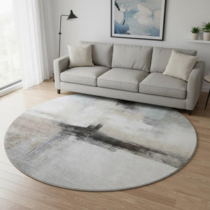 HomeRoots 8' Coffee Charcoal and Ivory Abstract Round Rug - Washable, UV-Protected, Modern Design for Homes 684205