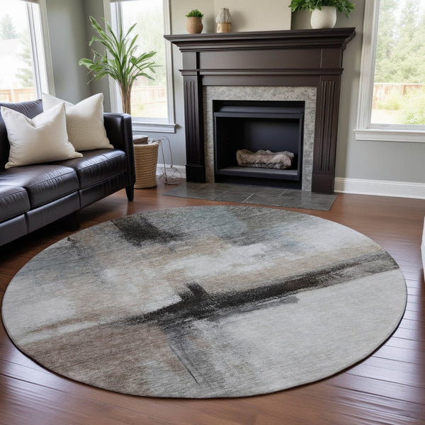 HomeRoots 8' Coffee Charcoal and Ivory Abstract Round Rug - Washable, UV-Protected, Modern Design for Homes 684205