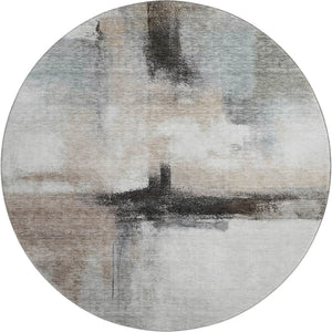HomeRoots 8' Coffee Charcoal and Ivory Abstract Round Rug - Washable, UV-Protected, Modern Design for Homes 684205
