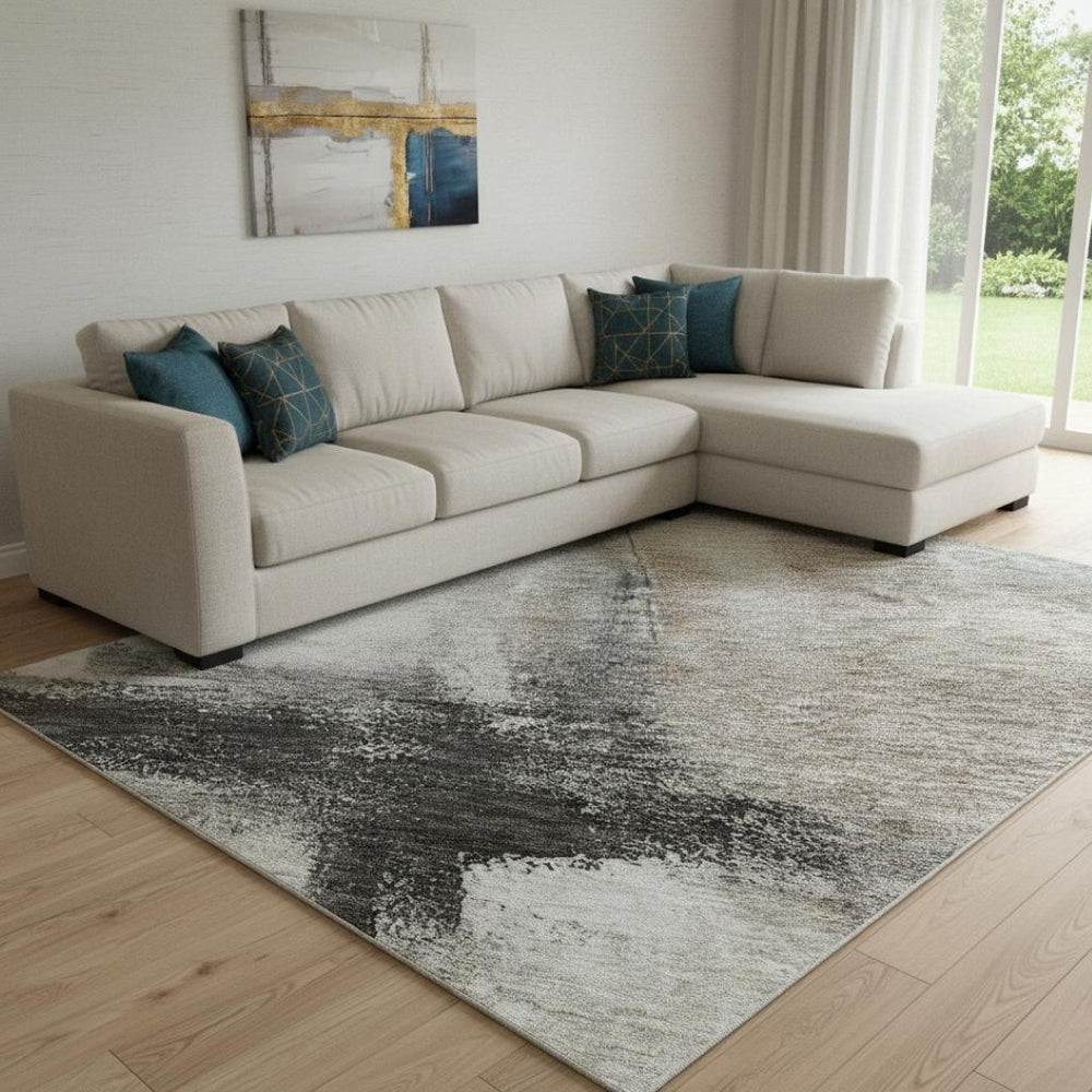 HomeRoots 8' X 10' Modern Abstract Washable Area Rug in Coffee, Charcoal & Ivory - UV Protected & Durable Design 684206