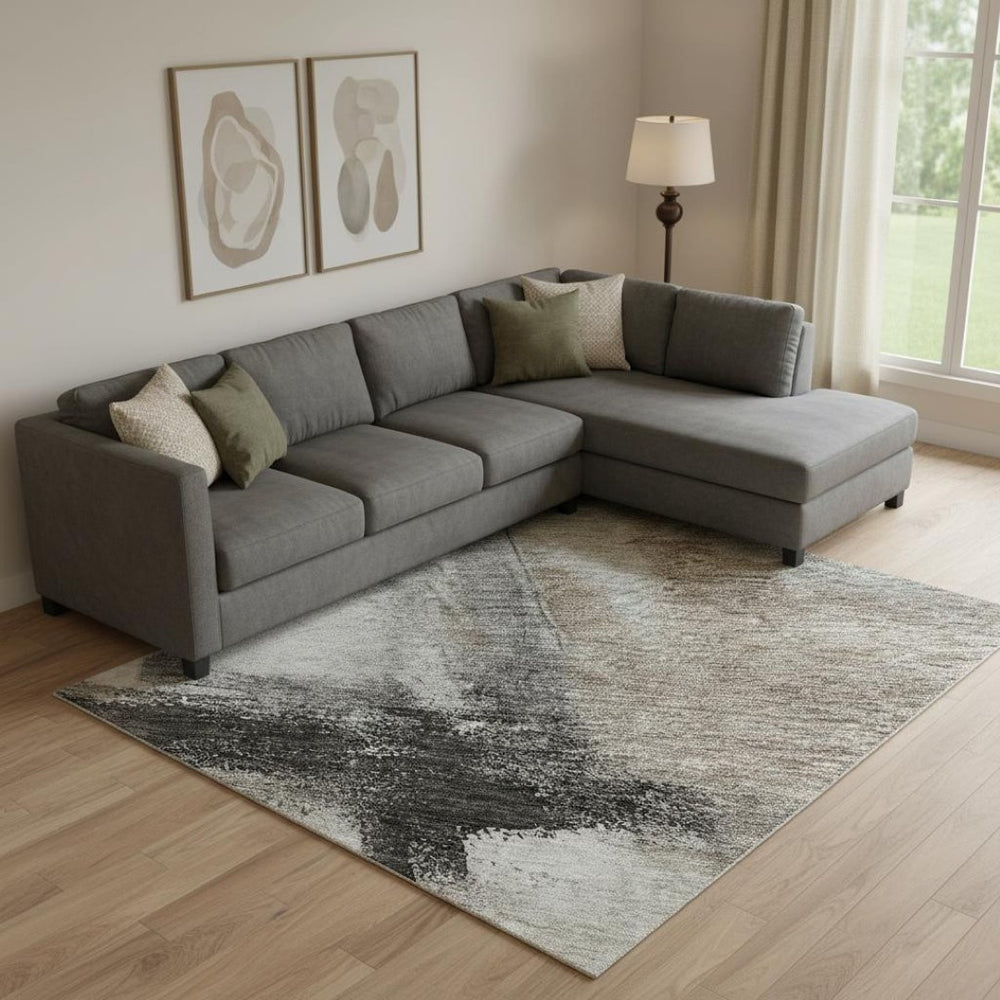 HomeRoots 9' X 12' Abstract Washable Area Rug in Coffee, Charcoal & Ivory - UV Protected & Easy Care Design 684207