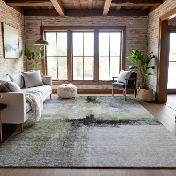 HomeRoots 5' X 8' Abstract Sage Charcoal Ivory Washable Area Rug with UV Protection for Modern Homes 684210