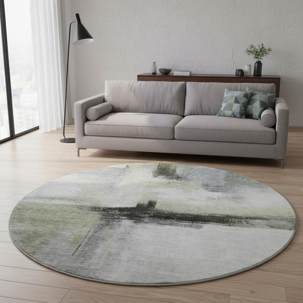 HomeRoots 8' Sage Charcoal and Ivory Abstract Round Rug - Washable, UV Protected, Soft, Modern Design for Any Space 684211
