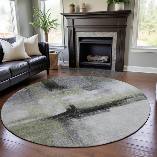 HomeRoots 8' Sage Charcoal and Ivory Abstract Round Rug - Washable, UV Protected, Soft, Modern Design for Any Space 684211
