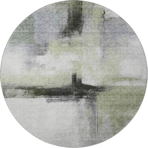 HomeRoots 8' Sage Charcoal and Ivory Abstract Round Rug - Washable, UV Protected, Soft, Modern Design for Any Space 684211