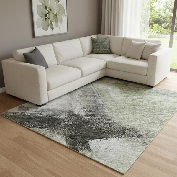 HomeRoots 8' X 10' Elegant Sage Charcoal Ivory Abstract Washable Area Rug with UV Protection & Durability 684212