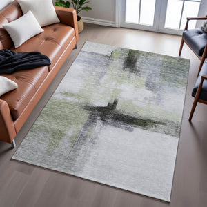 HomeRoots 9' X 12' Washable Sage Charcoal Ivory Abstract Area Rug - Durable, UV Protected for Modern Spaces 684213
