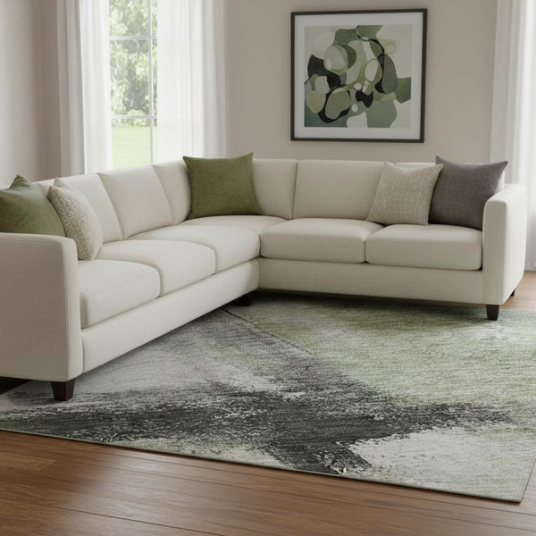 HomeRoots 10' X 14' Sage Charcoal Ivory Abstract Area Rug – Durable, Washable, UV Protected for Busy Homes! 684214