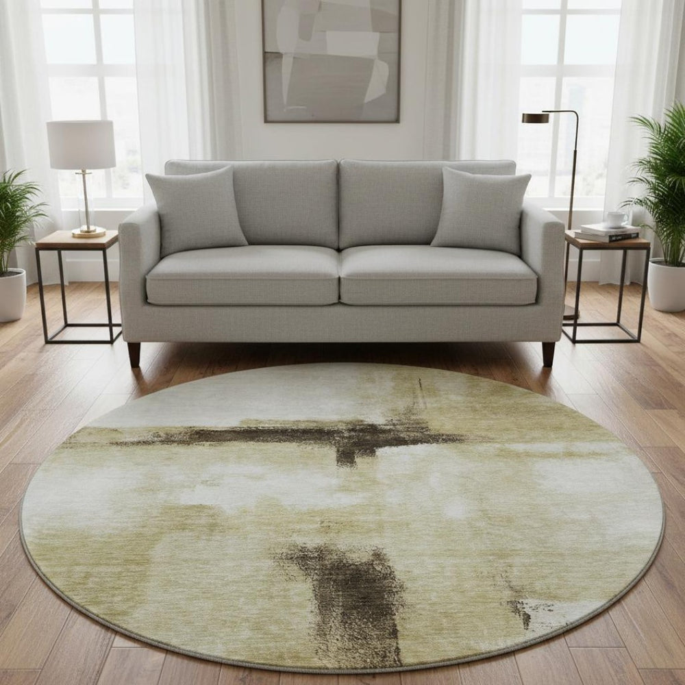HomeRoots 8' Washable Round Rug in Wheat, Charcoal, and Ivory - Stylish, Durable, UV-Protected for Homes 684217