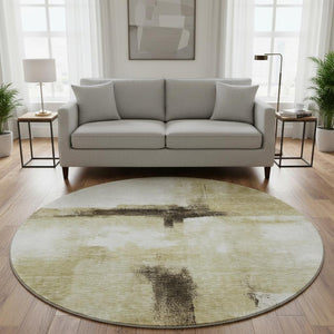 HomeRoots 8' Washable Round Rug in Wheat, Charcoal, and Ivory - Stylish, Durable, UV-Protected for Homes 684217