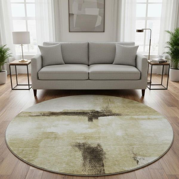 HomeRoots 8' Washable Round Rug in Wheat, Charcoal, and Ivory - Stylish, Durable, UV-Protected for Homes 684217
