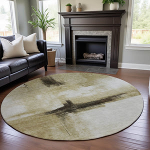 HomeRoots 8' Washable Round Rug in Wheat, Charcoal, and Ivory - Stylish, Durable, UV-Protected for Homes 684217