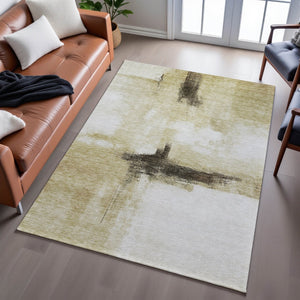 HomeRoots 9' X 12' Abstract Washable Area Rug in Wheat Charcoal & Ivory - Durable, Stylish, UV Protected! 684219