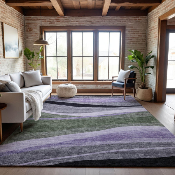 HomeRoots 5' X 8' Abstract Area Rug in Artichoke Green, Purple & Gray - Washable, UV Protected, Stylish Design 684222