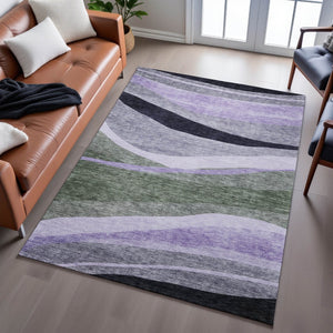 HomeRoots 5' X 8' Abstract Area Rug in Artichoke Green, Purple & Gray - Washable, UV Protected, Stylish Design 684222