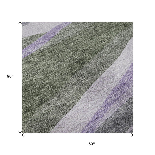 HomeRoots 5' X 8' Abstract Area Rug in Artichoke Green, Purple & Gray - Washable, UV Protected, Stylish Design 684222