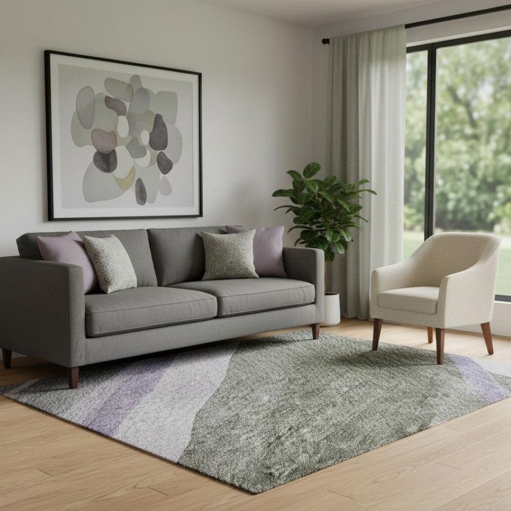 HomeRoots 5' X 8' Abstract Area Rug in Artichoke Green, Purple & Gray - Washable, UV Protected, Stylish Design 684222