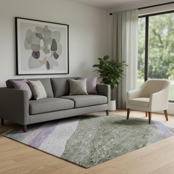 HomeRoots 5' X 8' Abstract Area Rug in Artichoke Green, Purple & Gray - Washable, UV Protected, Stylish Design 684222