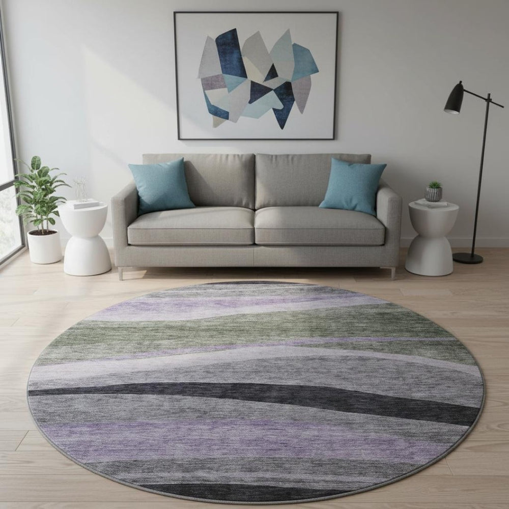 HomeRoots 8' Abstract Washable Round Rug in Artichoke Green, Purple & Gray – UV Protection & Stain Resistant! 684223