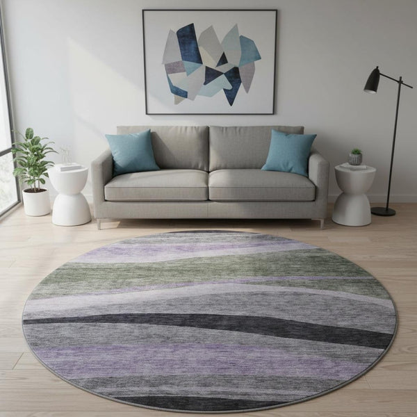 HomeRoots 8' Abstract Washable Round Rug in Artichoke Green, Purple & Gray – UV Protection & Stain Resistant! 684223
