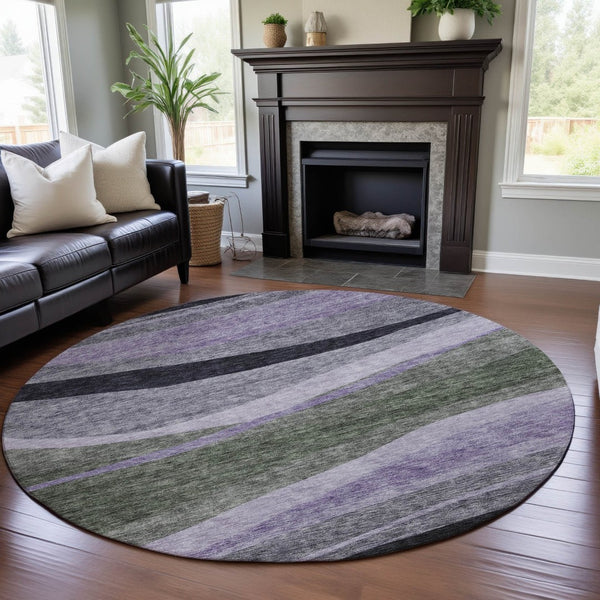 HomeRoots 8' Abstract Washable Round Rug in Artichoke Green, Purple & Gray – UV Protection & Stain Resistant! 684223