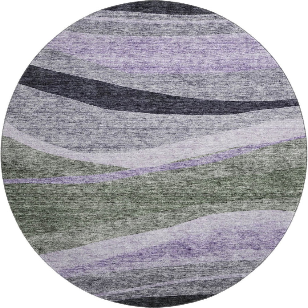 HomeRoots 8' Abstract Washable Round Rug in Artichoke Green, Purple & Gray – UV Protection & Stain Resistant! 684223