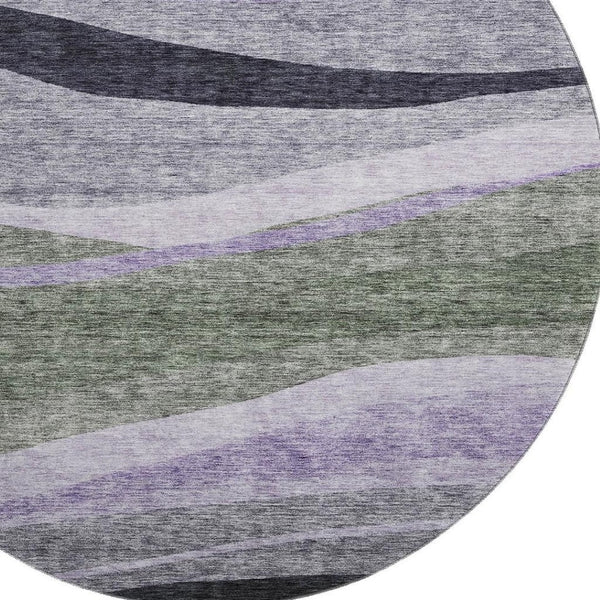 HomeRoots 8' Abstract Washable Round Rug in Artichoke Green, Purple & Gray – UV Protection & Stain Resistant! 684223