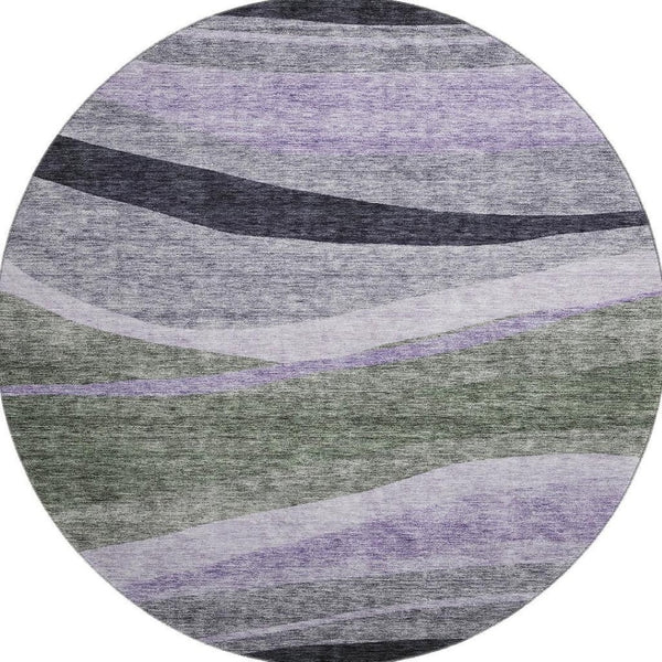 HomeRoots 8' Abstract Washable Round Rug in Artichoke Green, Purple & Gray – UV Protection & Stain Resistant! 684223