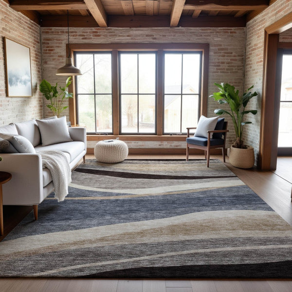 HomeRoots 5' X 8' Modern Washable Abstract Area Rug in Blue, Brown & Taupe - Durable, UV Protected & Stylish 684228