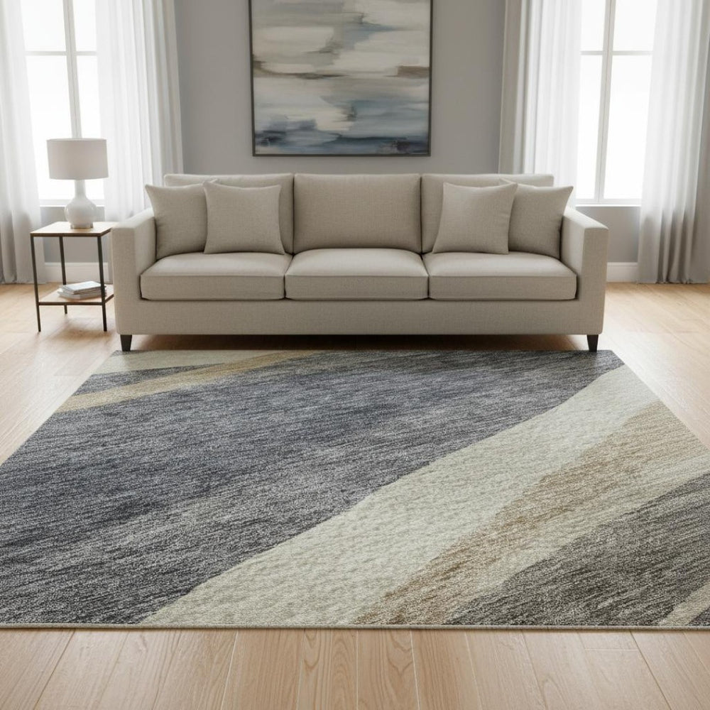 HomeRoots 8' Contemporary Blue Brown Taupe Abstract Washable Round Rug with UV Protection for Busy Homes 684229