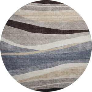 HomeRoots 8' Contemporary Blue Brown Taupe Abstract Washable Round Rug with UV Protection for Busy Homes 684229