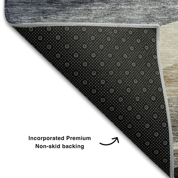 HomeRoots 9' X 12' Abstract Area Rug in Blue, Brown & Taupe - Washable, UV Protected, Stain Resistant Design 684231