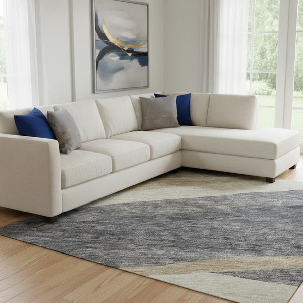 HomeRoots 10' Modern Abstract Washable Area Rug in Blue, Brown & Taupe - Durable, UV Protected, Stain Resistant 684232