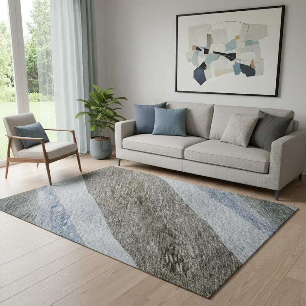 HomeRoots 5' X 8' Modern Abstract Brown, Blue & Silver Washable Area Rug with Stain & UV Protection Features 684234