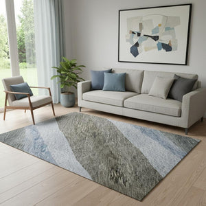 HomeRoots 5' X 8' Modern Abstract Brown, Blue & Silver Washable Area Rug with Stain & UV Protection Features 684234