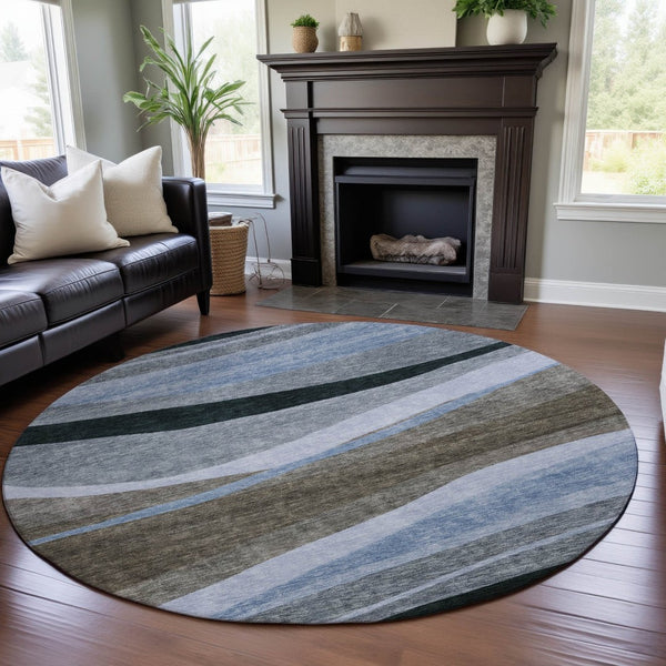 HomeRoots 8' Stunning Brown, Blue & Silver Abstract Washable Round Rug with UV Protection for High Traffic Areas 684235