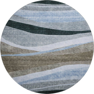 HomeRoots 8' Stunning Brown, Blue & Silver Abstract Washable Round Rug with UV Protection for High Traffic Areas 684235