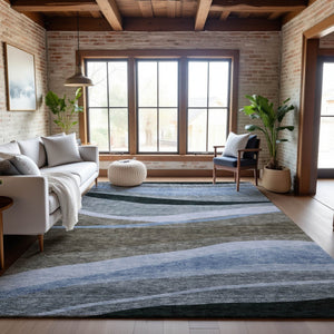 HomeRoots 8' X 10' Abstract Area Rug in Brown, Blue & Silver - Stain-Resistant, UV-Protected, Easy-Clean Design 684236