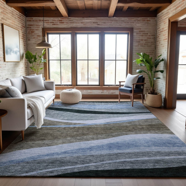 HomeRoots 8' X 10' Abstract Area Rug in Brown, Blue & Silver - Stain-Resistant, UV-Protected, Easy-Clean Design 684236