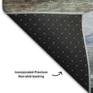 HomeRoots 8' X 10' Abstract Area Rug in Brown, Blue & Silver - Stain-Resistant, UV-Protected, Easy-Clean Design 684236
