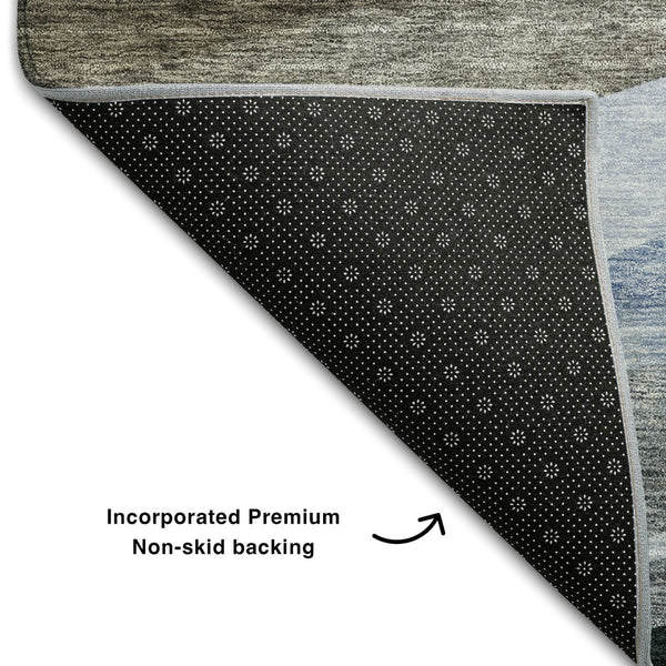 HomeRoots 8' X 10' Abstract Area Rug in Brown, Blue & Silver - Stain-Resistant, UV-Protected, Easy-Clean Design 684236