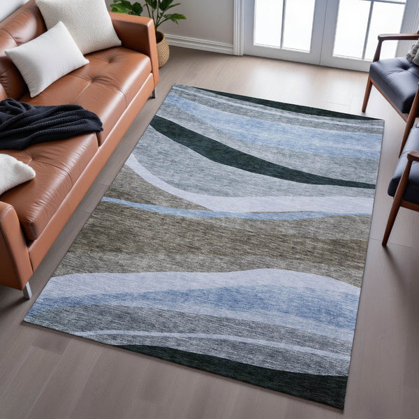 HomeRoots 8' X 10' Abstract Area Rug in Brown, Blue & Silver - Stain-Resistant, UV-Protected, Easy-Clean Design 684236