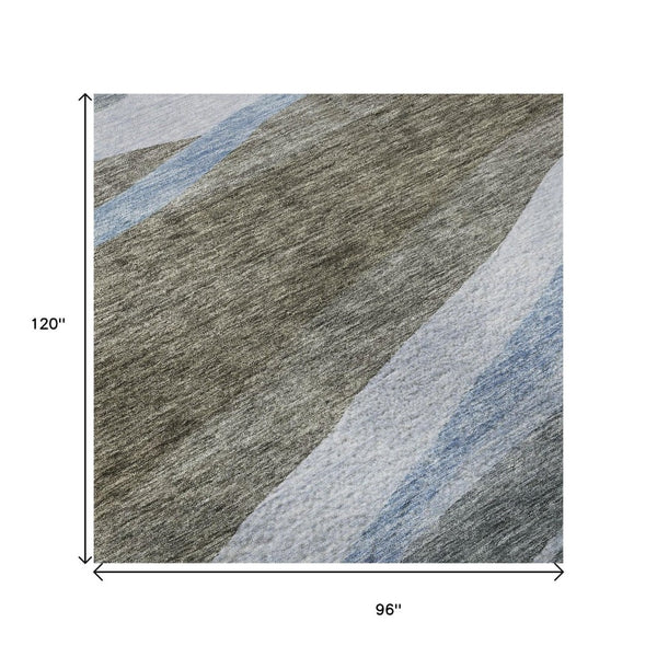 HomeRoots 8' X 10' Abstract Area Rug in Brown, Blue & Silver - Stain-Resistant, UV-Protected, Easy-Clean Design 684236
