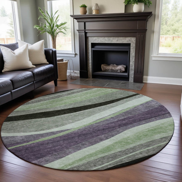 HomeRoots 8' Bold Abstract Round Rug in Purple, Green & Ivory - Washable, UV Protective, Durable Design 684241
