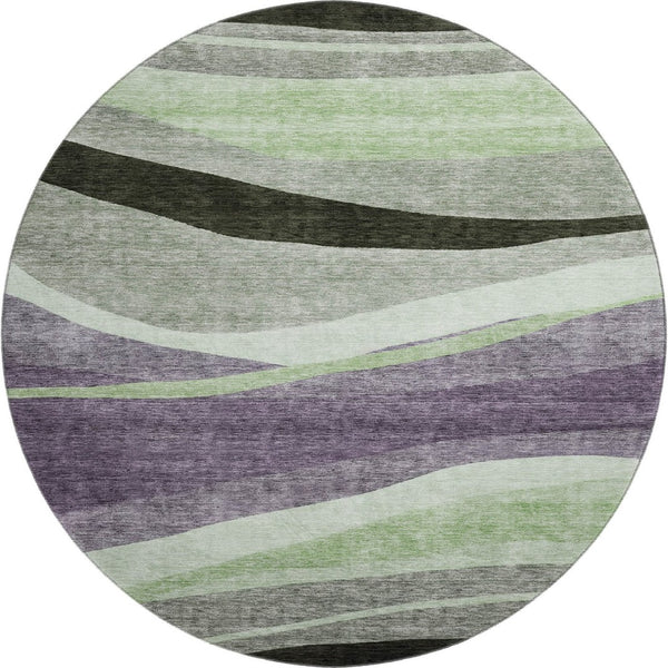 HomeRoots 8' Bold Abstract Round Rug in Purple, Green & Ivory - Washable, UV Protective, Durable Design 684241