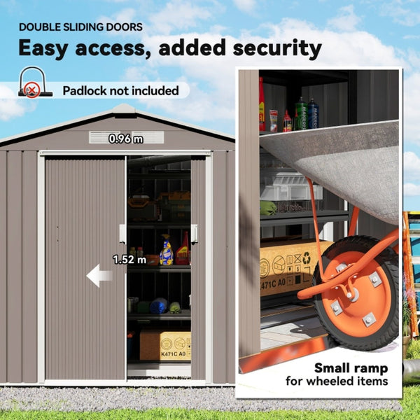English Elm Garden Steel Storage Shed with Sliding Doors Four Vents and Foundation Kit for Outdoor Use T3971S00005