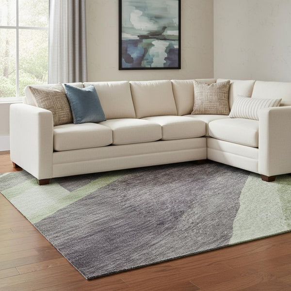 HomeRoots 10' Contemporary Purple Green Ivory Abstract Area Rug - Washable, UV-Protected, Durable Design 684244