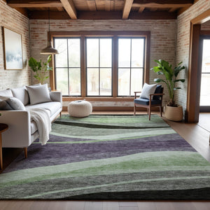 HomeRoots 10' Contemporary Purple Green Ivory Abstract Area Rug - Washable, UV-Protected, Durable Design 684244