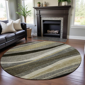 HomeRoots 8' Modern Washable Round Rug in Taupe, Beige & Ivory - UV Protected, Durable & Kid-Friendly Design! 684247
