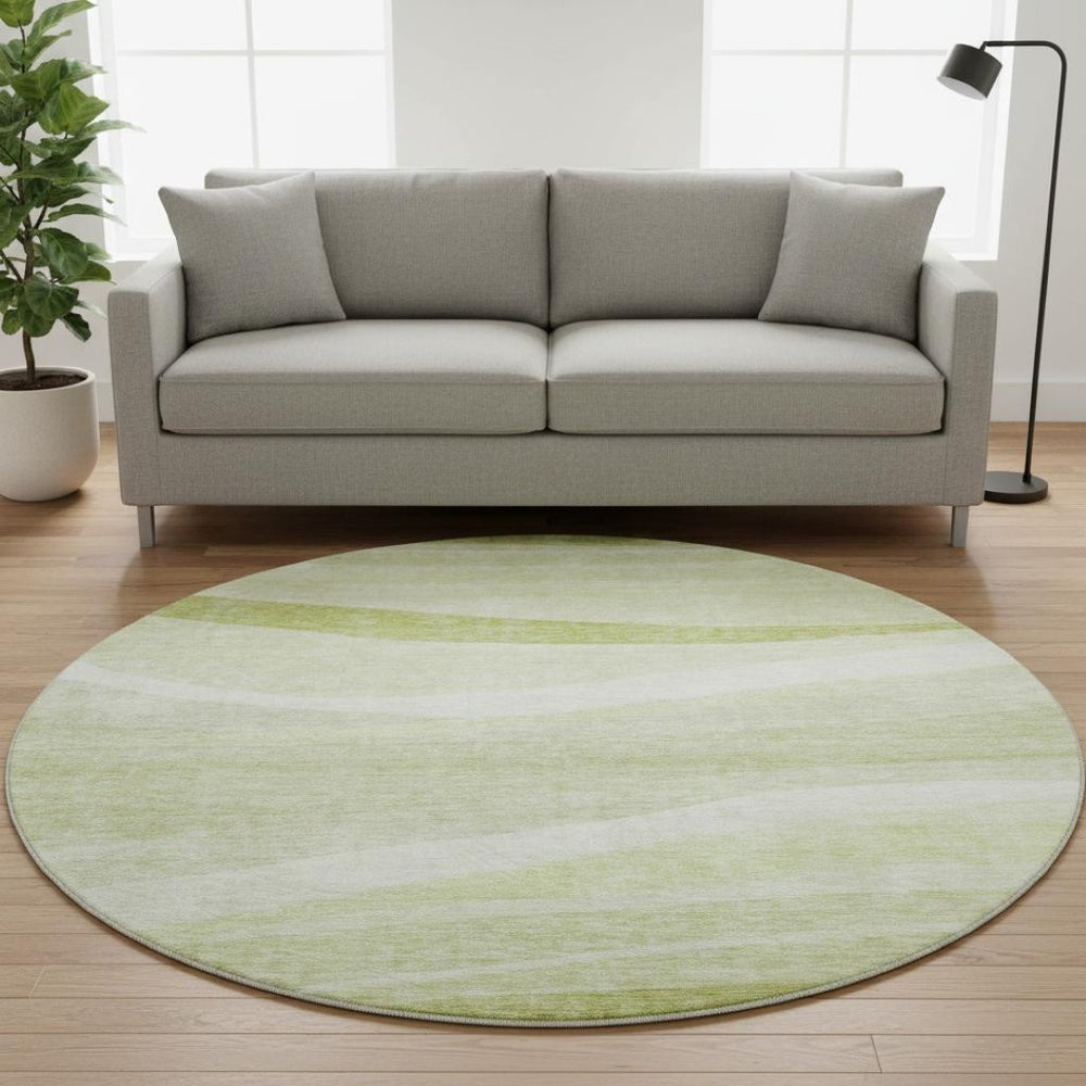 HomeRoots 8' Artichoke Green & Ivory Abstract Round Rug - Washable, UV Protected, Durable for High-Traffic Areas 684253